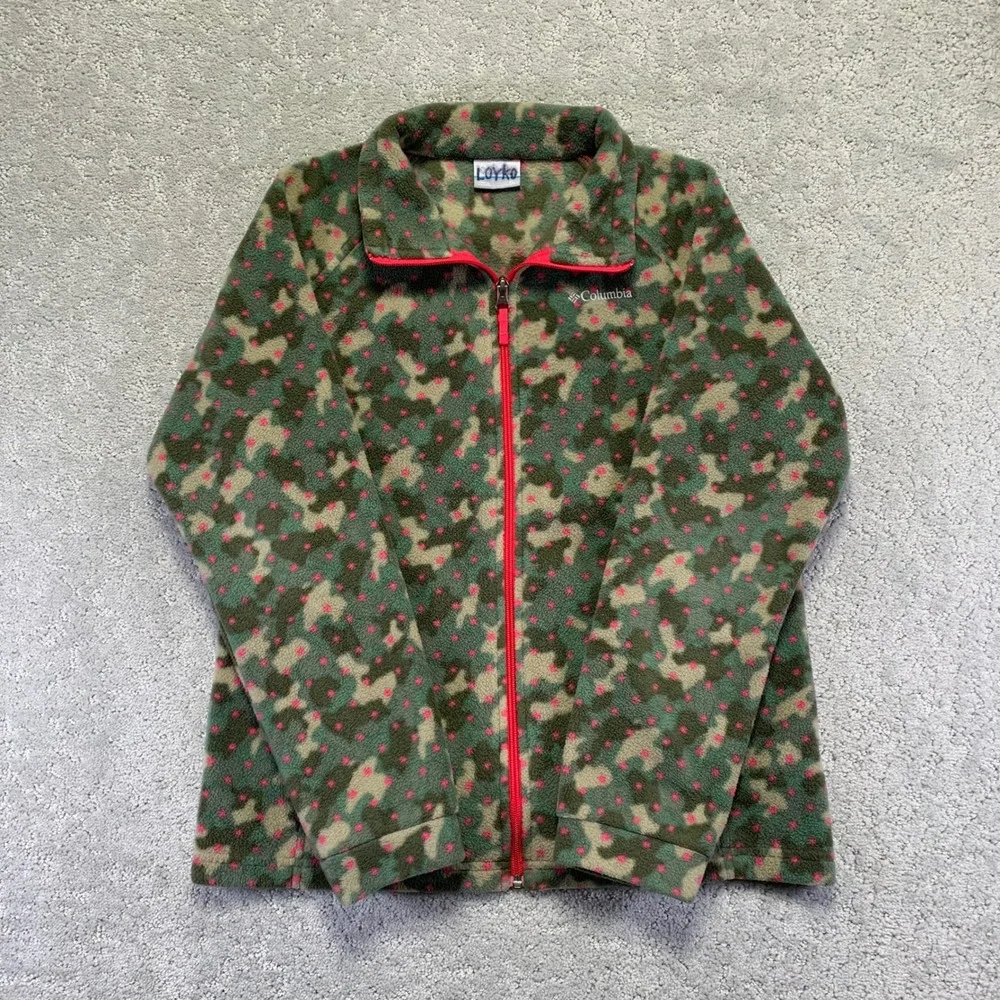 Columbia Camo Fleece Jacket Youth Girls XL Camo Pink Polka‎ Dot Zip Up Sweater